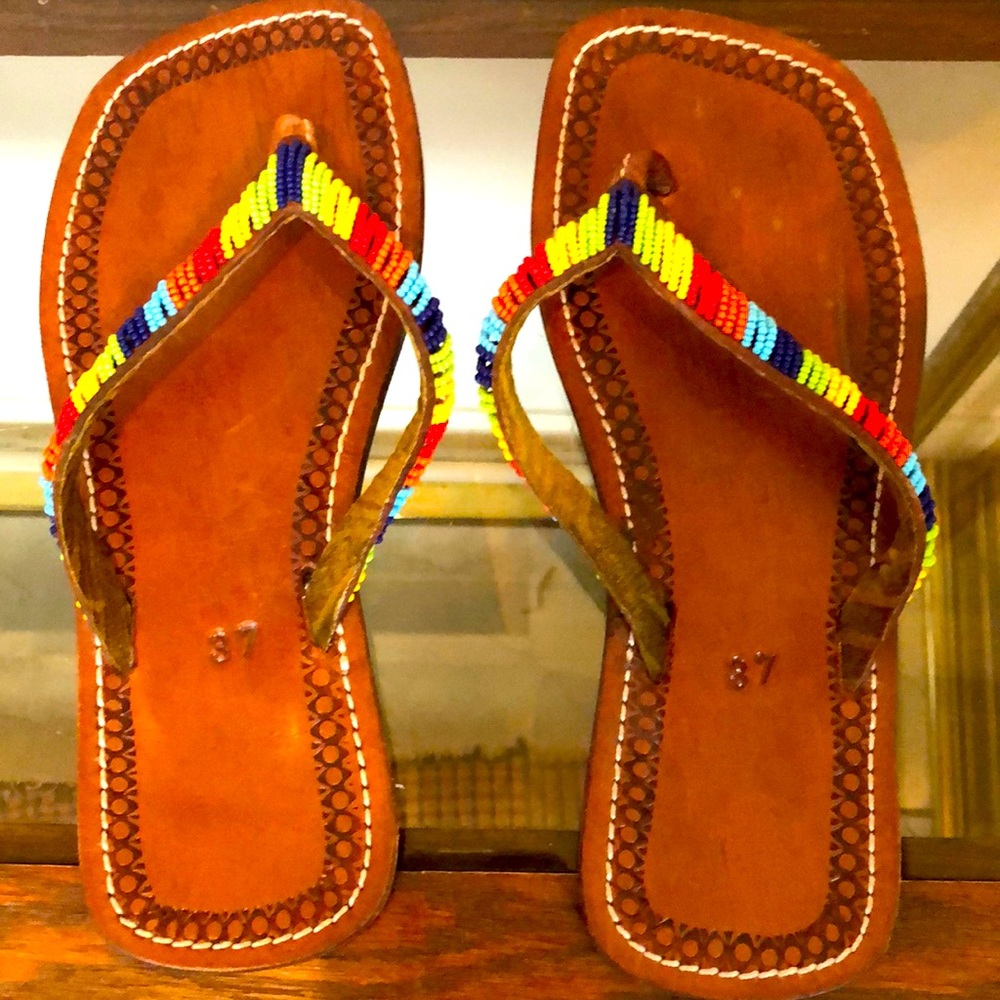 BEADED Leather Masai Beach Sandals, handmade Size 37